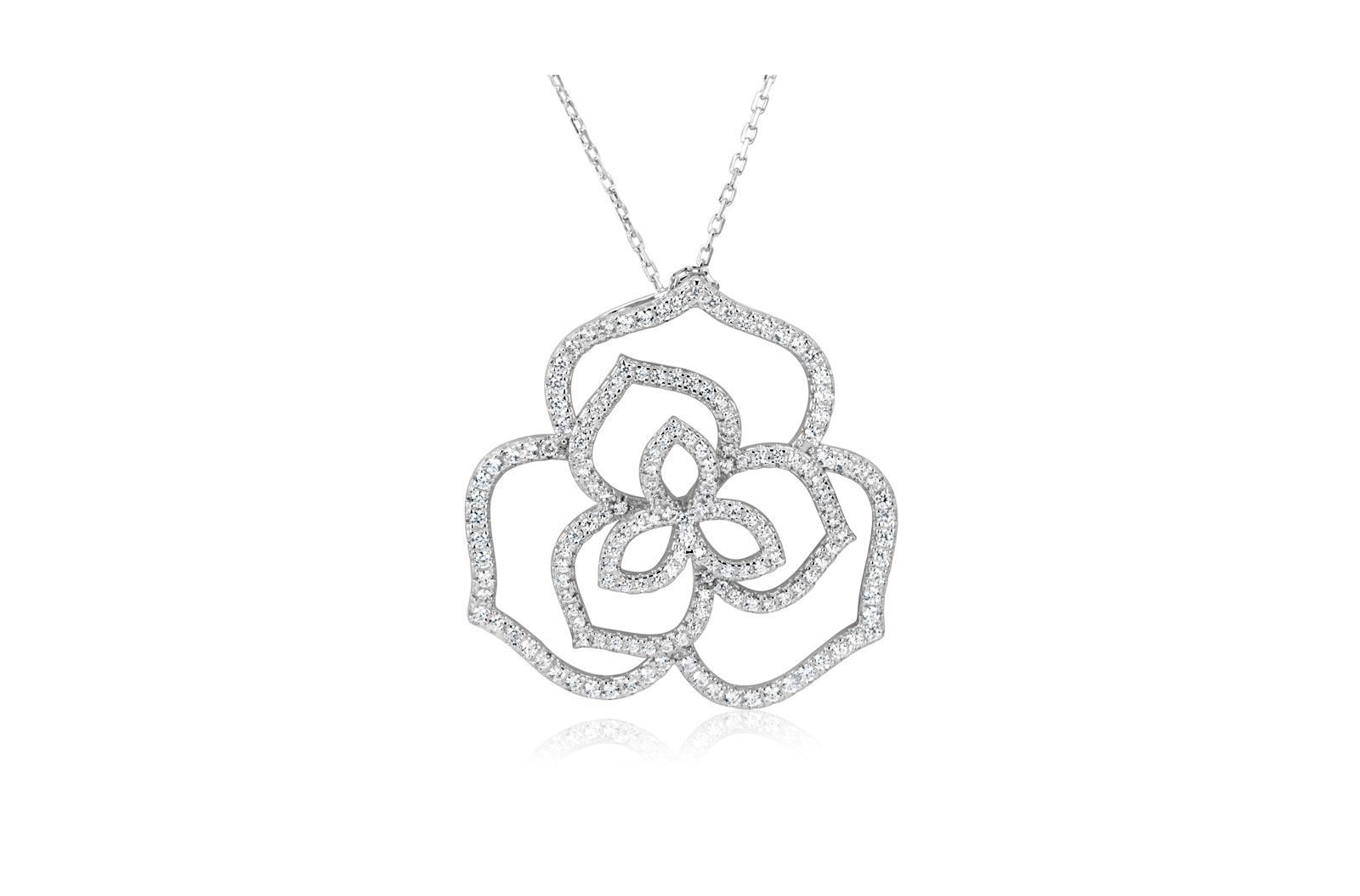 Suzy Levian Sterling Silver Cubic Zirconia Open Wild Flower Pendant Necklace