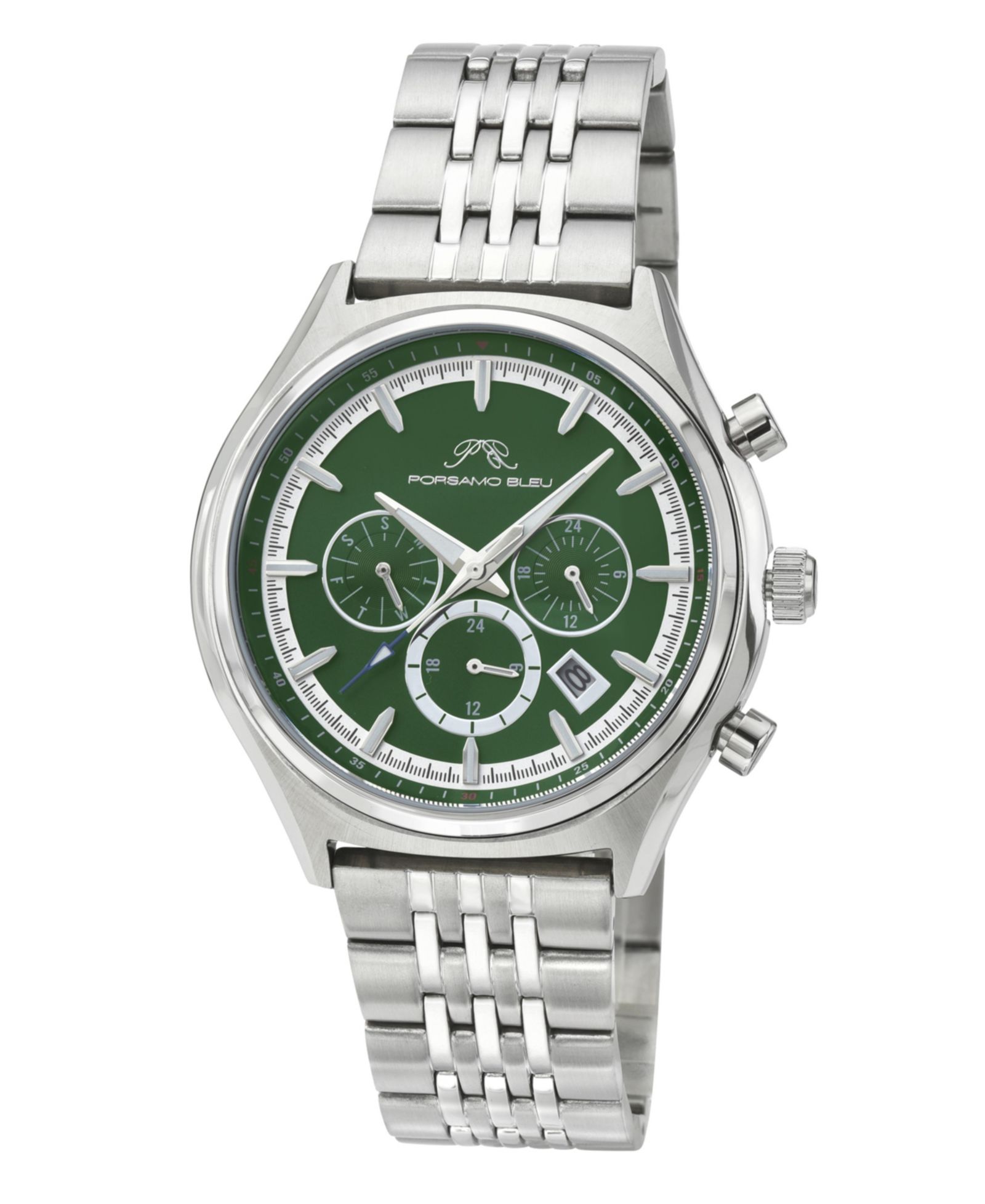 Porsamo Bleu Men's Charlie Multifunction Silver Tone Stainless Steel Bracelet Green Dial Watch 45 mm