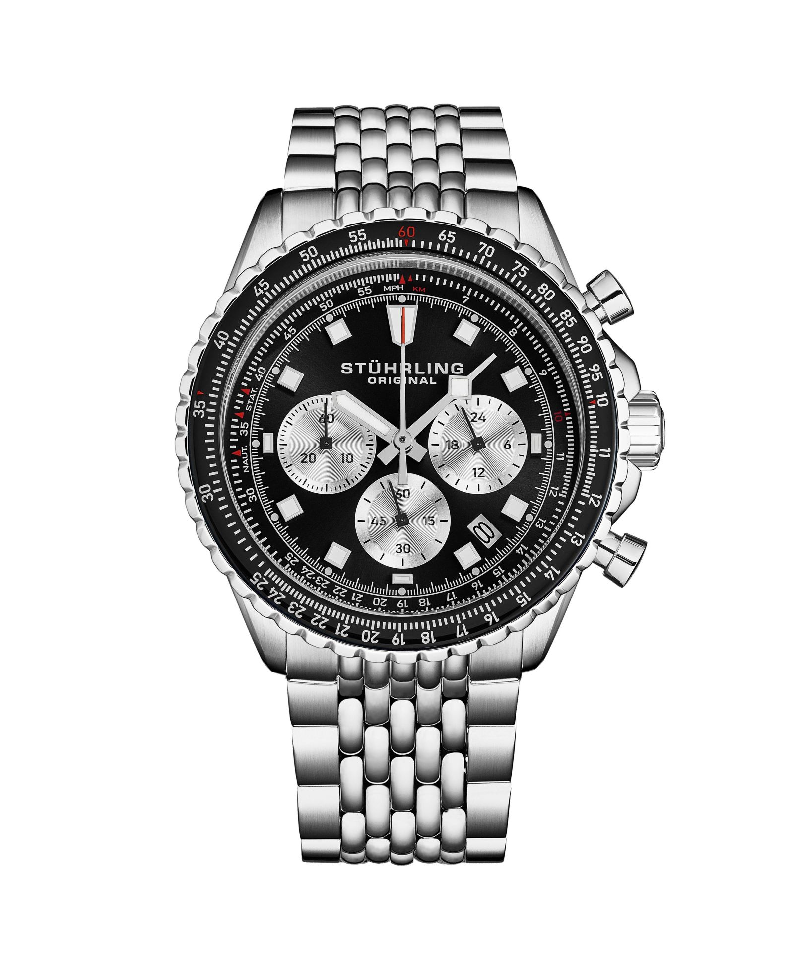 Stuhrling Мужской RaceWay 1010 44mm Quartz Chronograph Watch, Blue Dial with Silver Subdials, Tachymeter Bezel, Stainless Steel Bracelet
