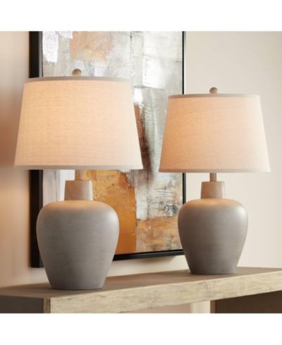 Regency Hill Glenn Rustic Country Cottage Table Lamps 27" Tall Set of 2 Brushed Gray Terra Cotta Beige Fabric Shade for Bedroom Living Room Nightstand