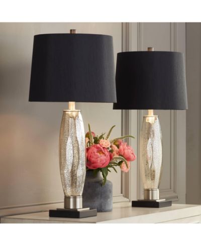 Regency Hill Landro Modern Mid Century Table Lamps 27 1/2" Tall Set of 2 Mercury Glass Drum Shade for Bedroom Living Room Bedside Office Family
