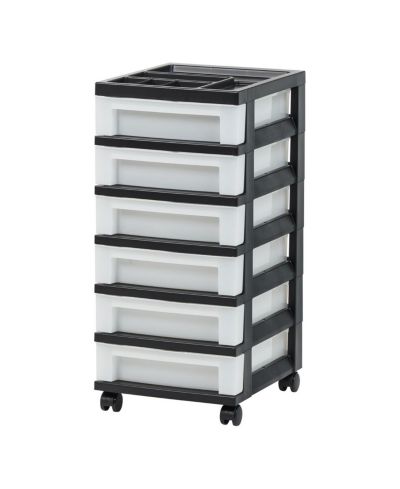 IRIS USA Craft Organizers and Storage, Rolling Storage Cart for Classroom Supplies, Storage Organizer for Art Supplies, Drawer Top Organizer for Small Parts, 6 Drawers, Black/Clear