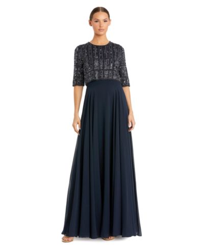 Женское шифоновое платье Mac Duggal с полностью расшитым бисером лифом с коротким рукавом