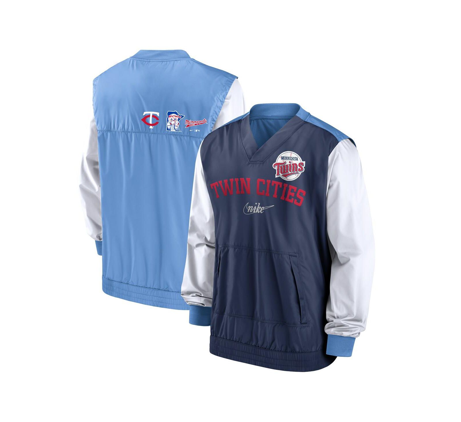 Men's Nike White, Light Blue Minnesota Twins Rewind Warmup V-Neck Pullover Jacket