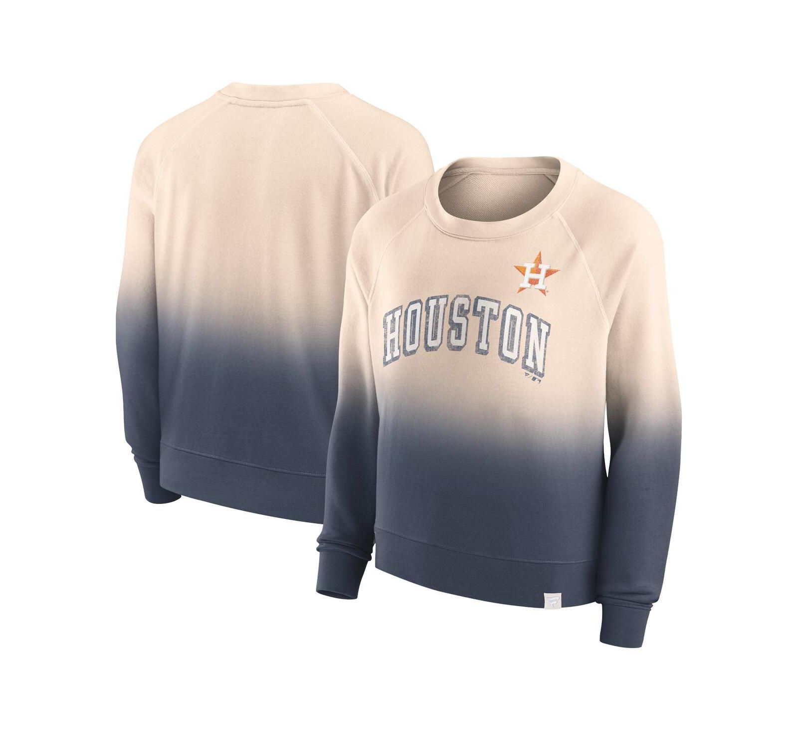 Women's Fanatics Tan, Navy Distressed Houston Astros Luxe Lounge Arch Raglan Pullover Sweatshirt