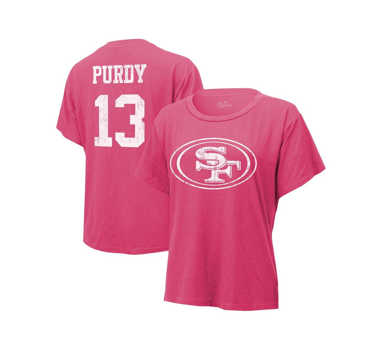 Women's Majestic Threads Brock Purdy Pink Distressed San Francisco 49ers Name and Number T-shirt