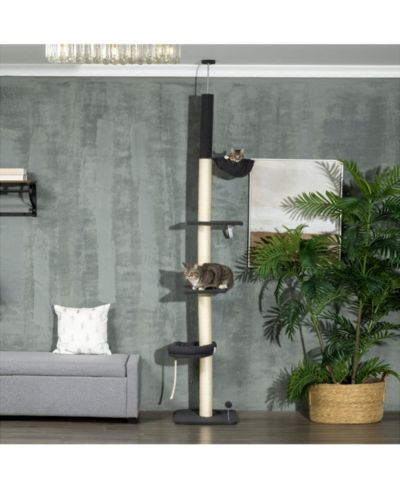 PawHut Floor To Ceiling Cat Tree, 5-Tier Cat Climbing Tower, 95''-106'' Height Adjustable with Carpeted Platforms, Cozy Bed, Hammock, Scratching Post & Toy Ball for Indoor Cats, Black and Cream