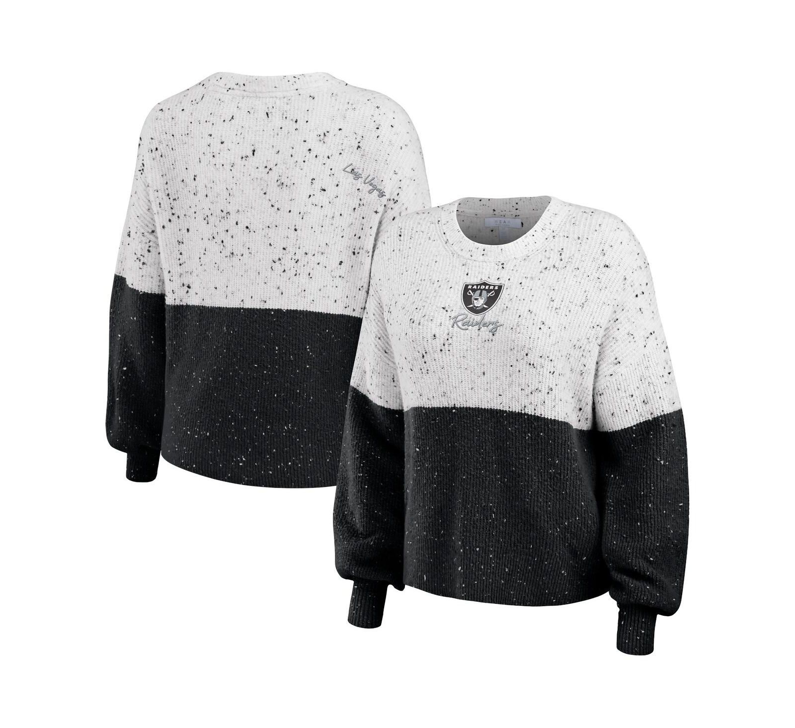 Женский свитер WEAR by Erin Andrews White Black Las Vegas Raiders Color-Block Pullover Sweater