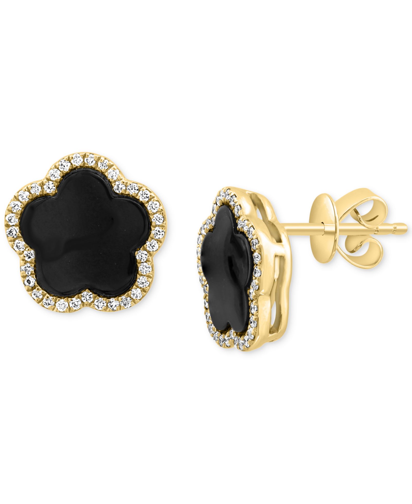 EFFY Collection серьги-гвоздики Onyx & Diamond Flower Halo 14k Gold