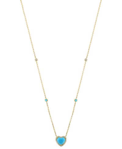 EFFY® Turquoise & Diamond (1/6 ct. t.w.) Heart Halo Pendant Necklace in 14k Gold, 16" + 2" extender