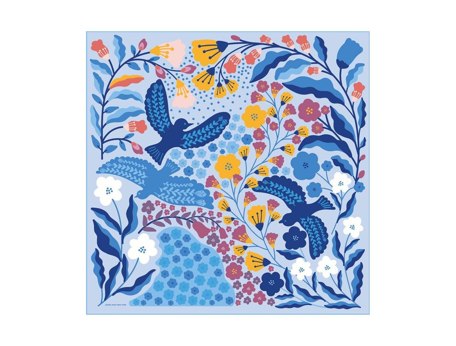 Jessie Zhao New York Double Sided Silk Scarf of Blue Birds
