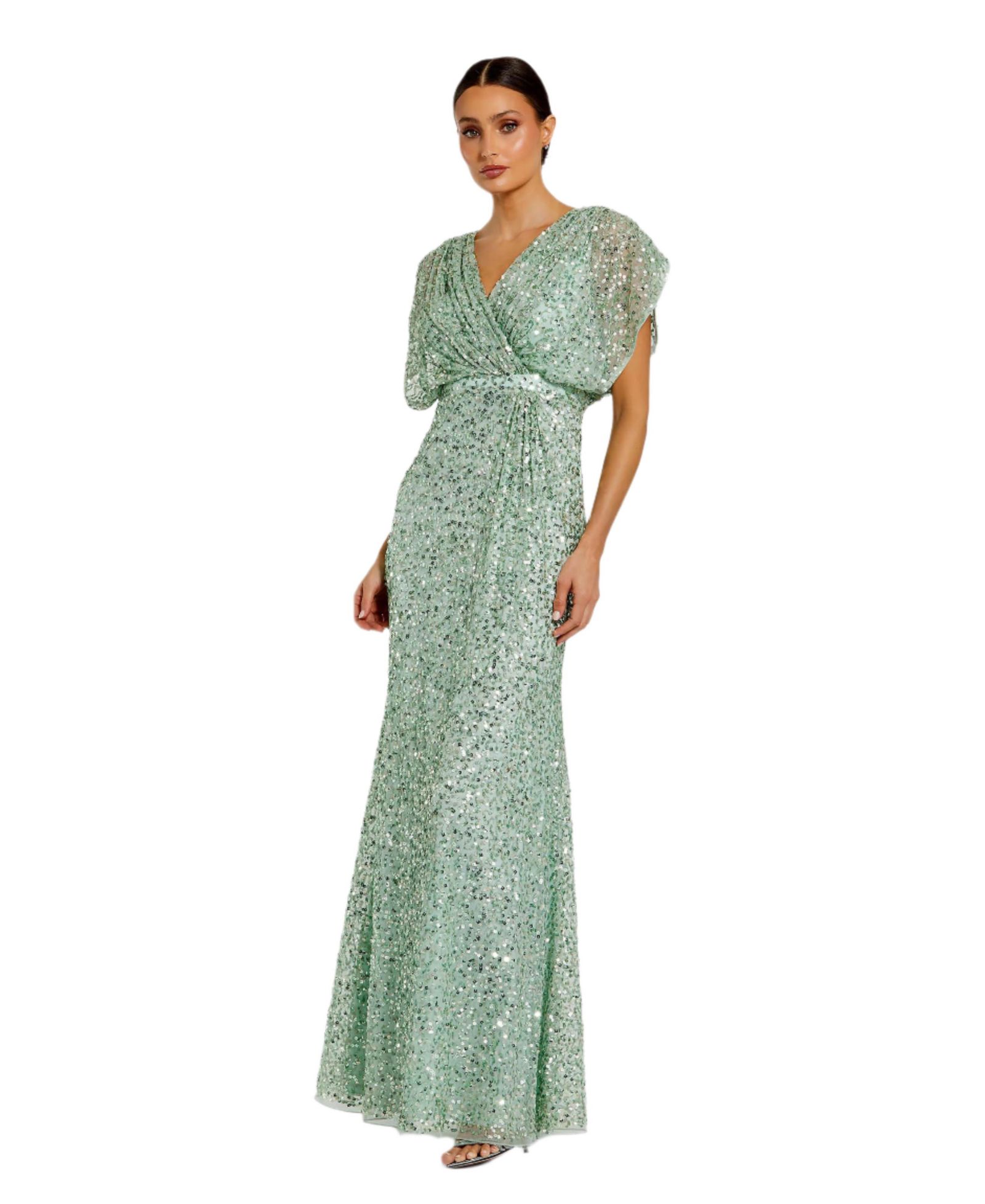 Mac Duggal Women's Draped Sleeve V Neck Gown