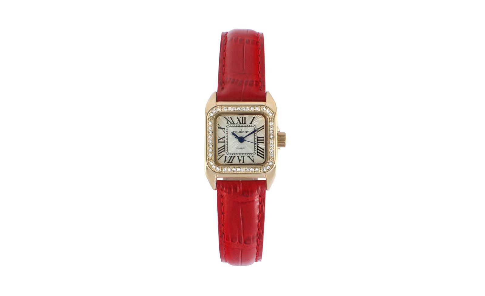 Peugeot Women's 34x24mm Tank Watch with Crystal Bezel Red Leather Strap
