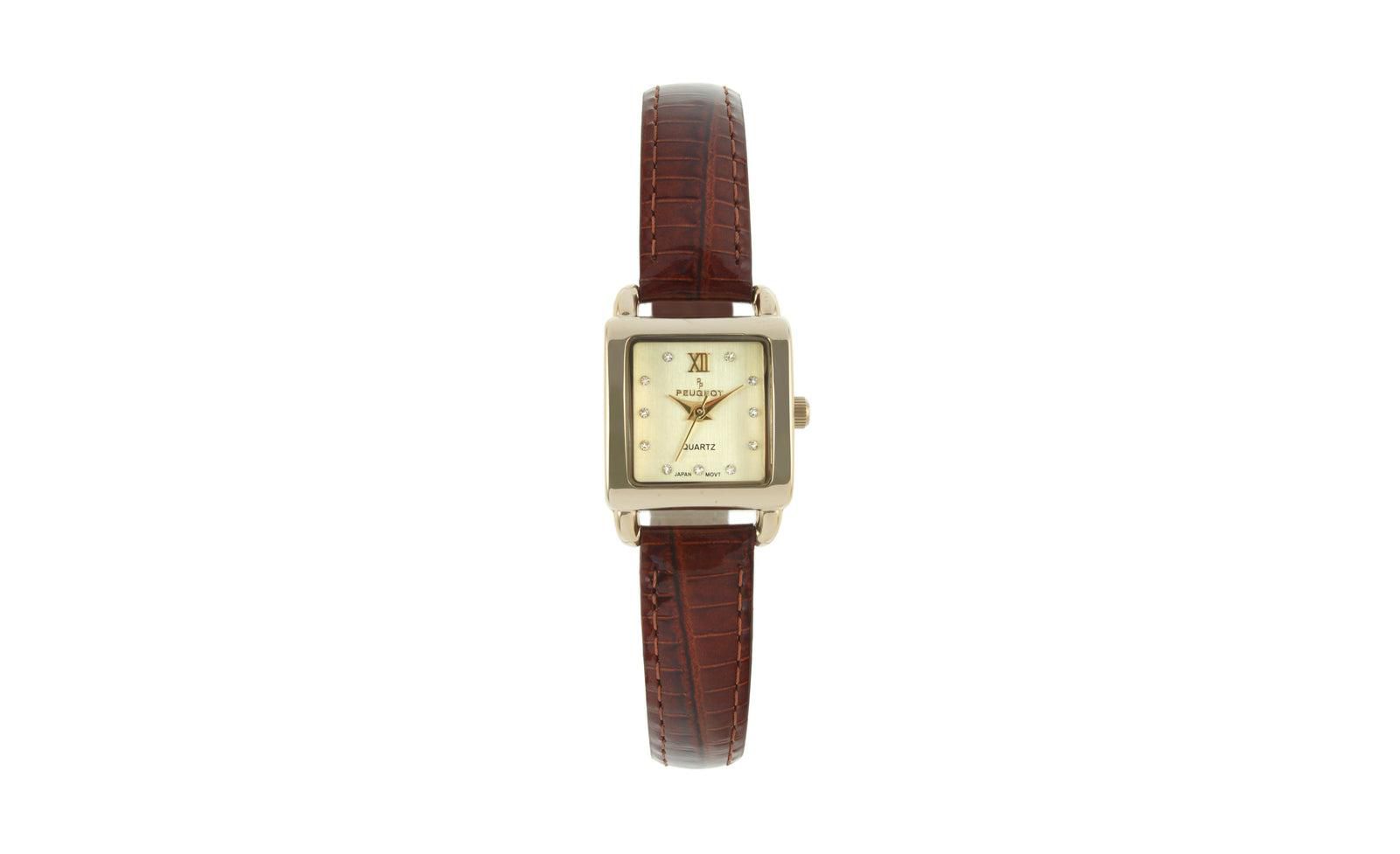 Женские часы Peugeot 20mm Square Watch с коричневым кожаным ремешком