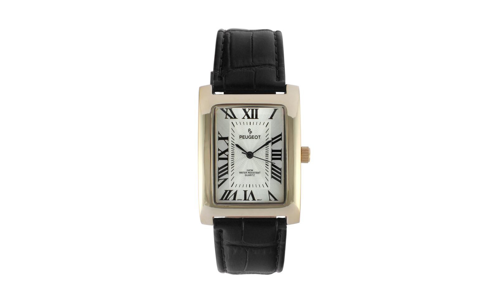 Мужские часы Peugeot 43x30 mm Black Vintage Like Tank Leather Strap