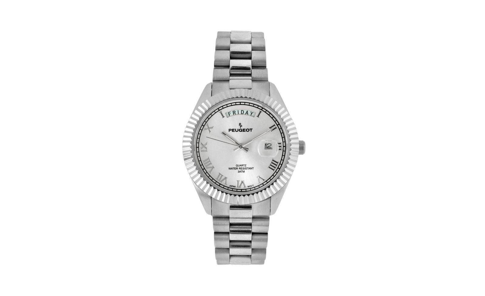 Peugeot Men's 40mm Silver Face Fluted Bezel Stainless Steel Bracelet Watch