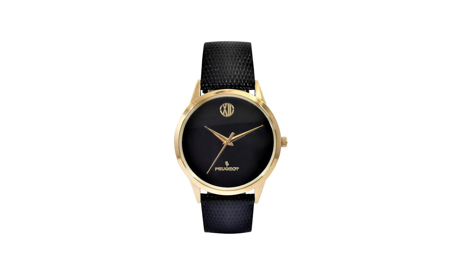 Peugeot Men's 40mm Wafer Slim Round Gold-Plated Case Watch-Black