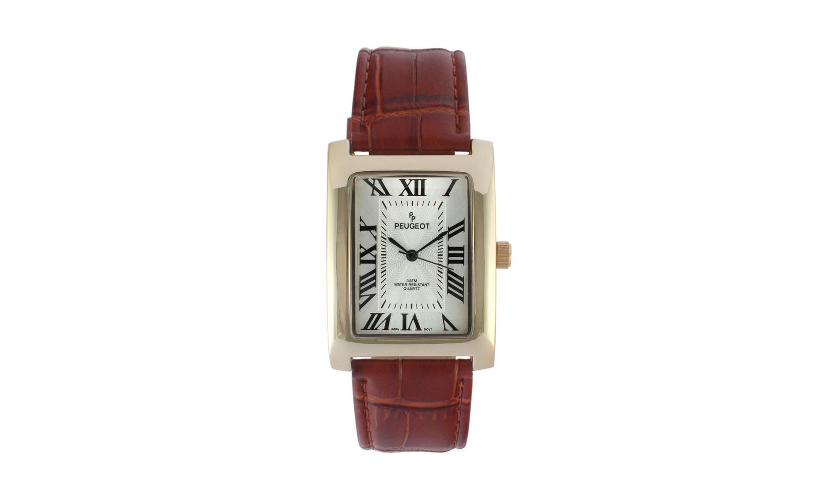 Peugeot Men's 43x30 mm Brown Vintage Like Tank Leather Strap Watch