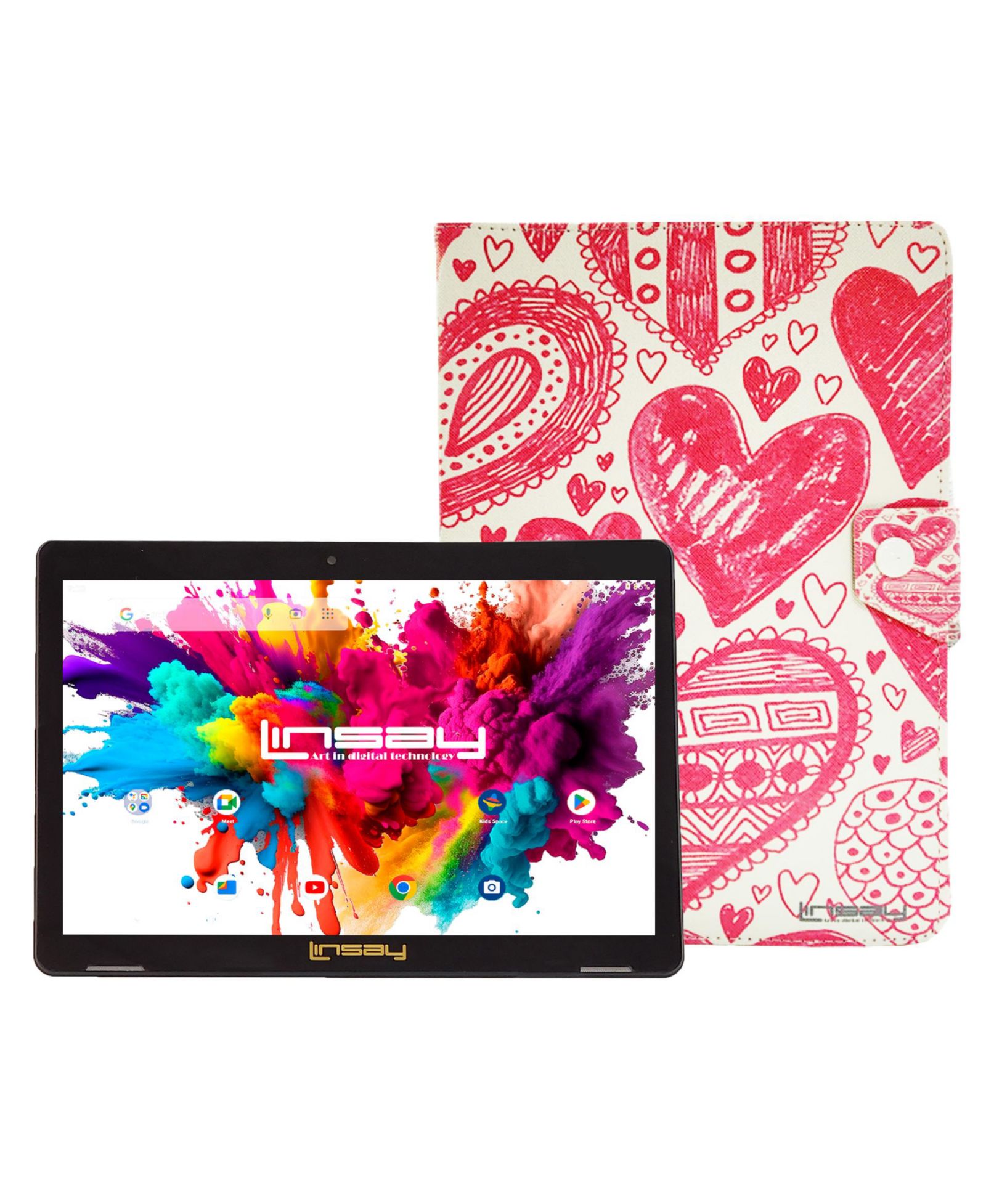 LINSAY 10.1" Tablet Octa Core 128GB Bundle with "Love" Protective Portfolio Case Newest Android 15 Dual Camera