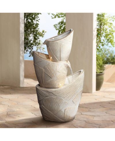 Three Urn 30" High Large Coastal Modern Indoor Outdoor Decor Faux Stone Floor Fountain with Light LED Cascading