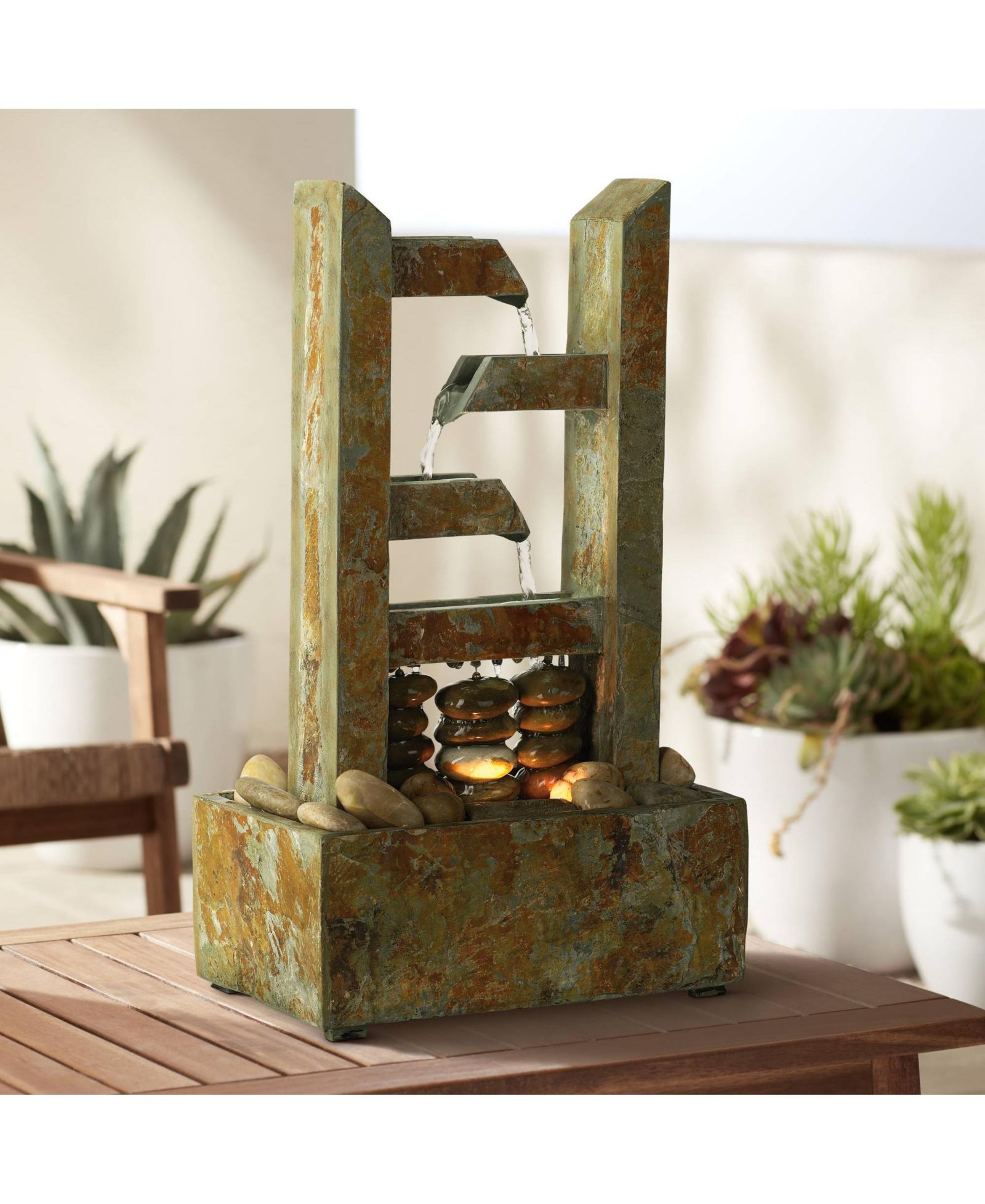 Zigzag Zen 17 1/4" High Small Modern Indoor Decor Slate Stone Tabletop Fountain with Light Desk Relaxation