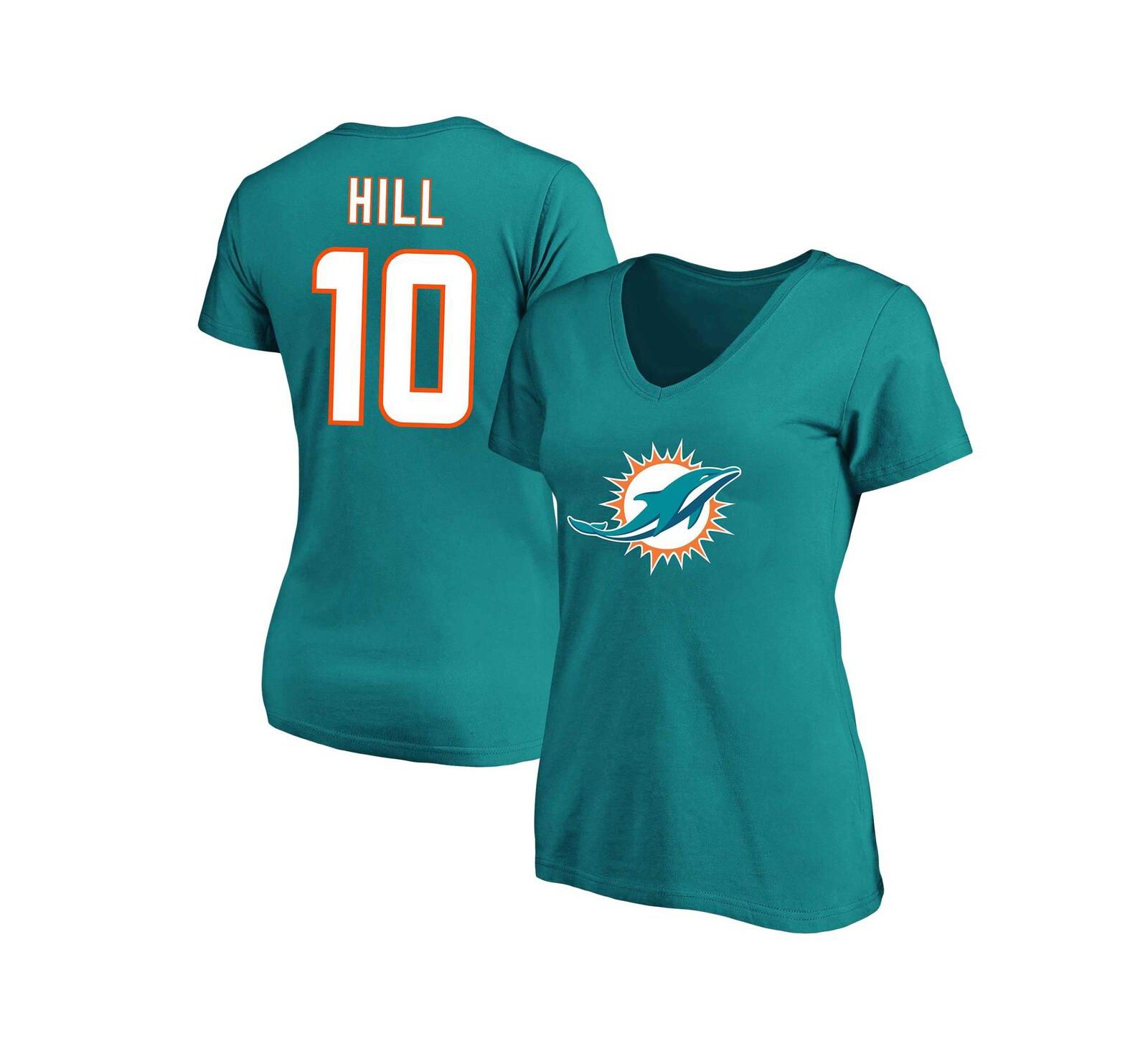 Women's Tyreek Hill Aqua Miami Dolphins Plus Size Fair Catch Name and Number V-Neck T-shirt