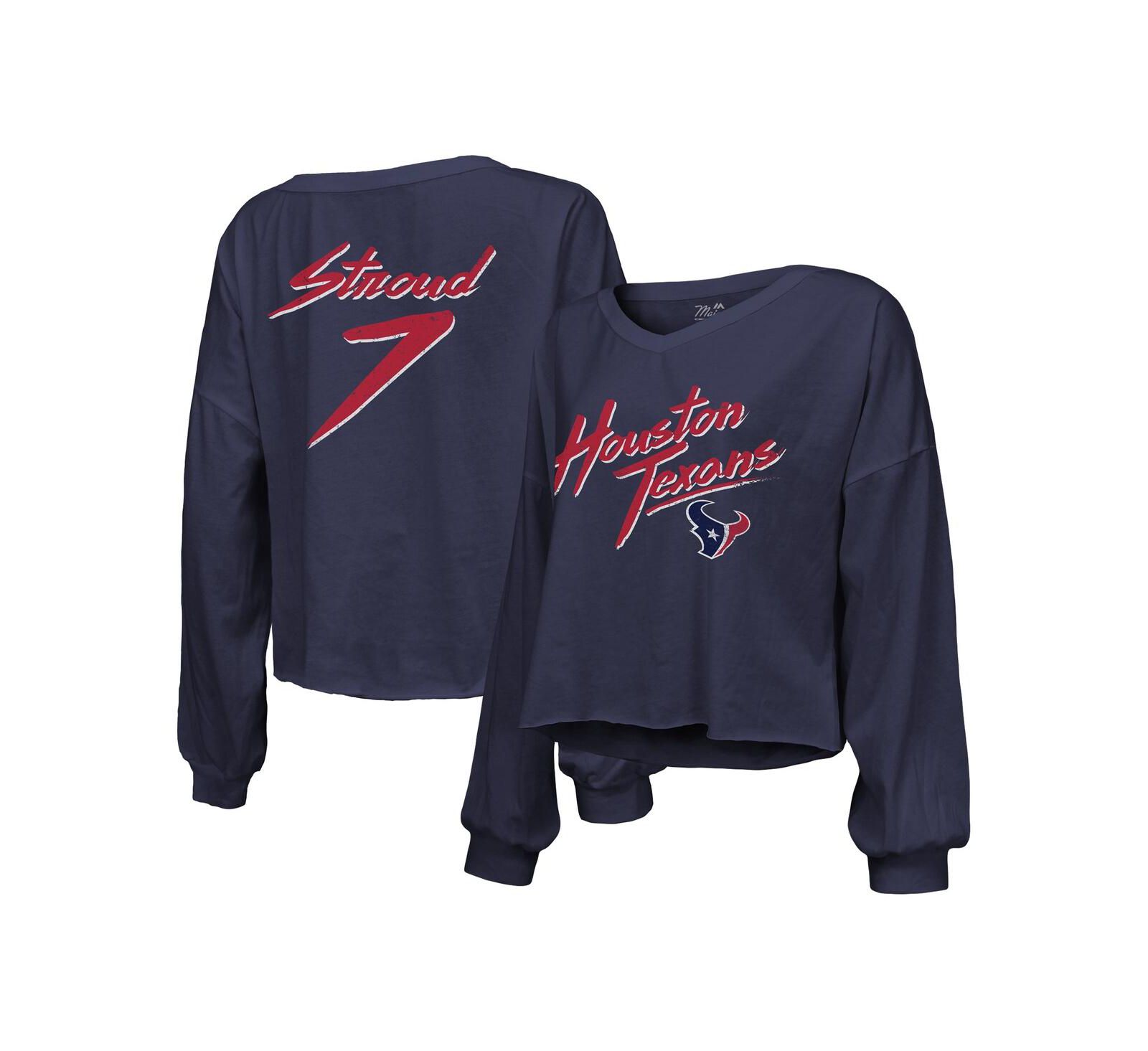 Women's Majestic Threads C.J. Stroud Navy Distressed Houston Texans Name and Number Script Off-Shoulder Cropped Long Sleeve T-shirt