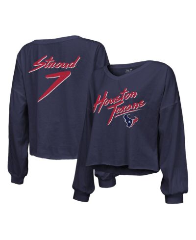 Women's Majestic Threads C.J. Stroud Navy Distressed Houston Texans Name and Number Script Off-Shoulder Cropped Long Sleeve T-shirt