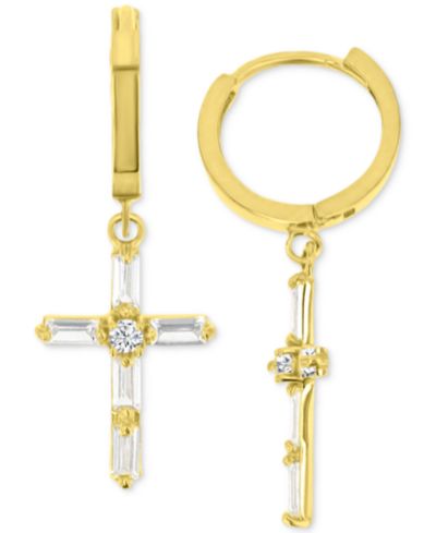Серьги-кольца с кубическим цирконием Round & Baguette в золоте 14K