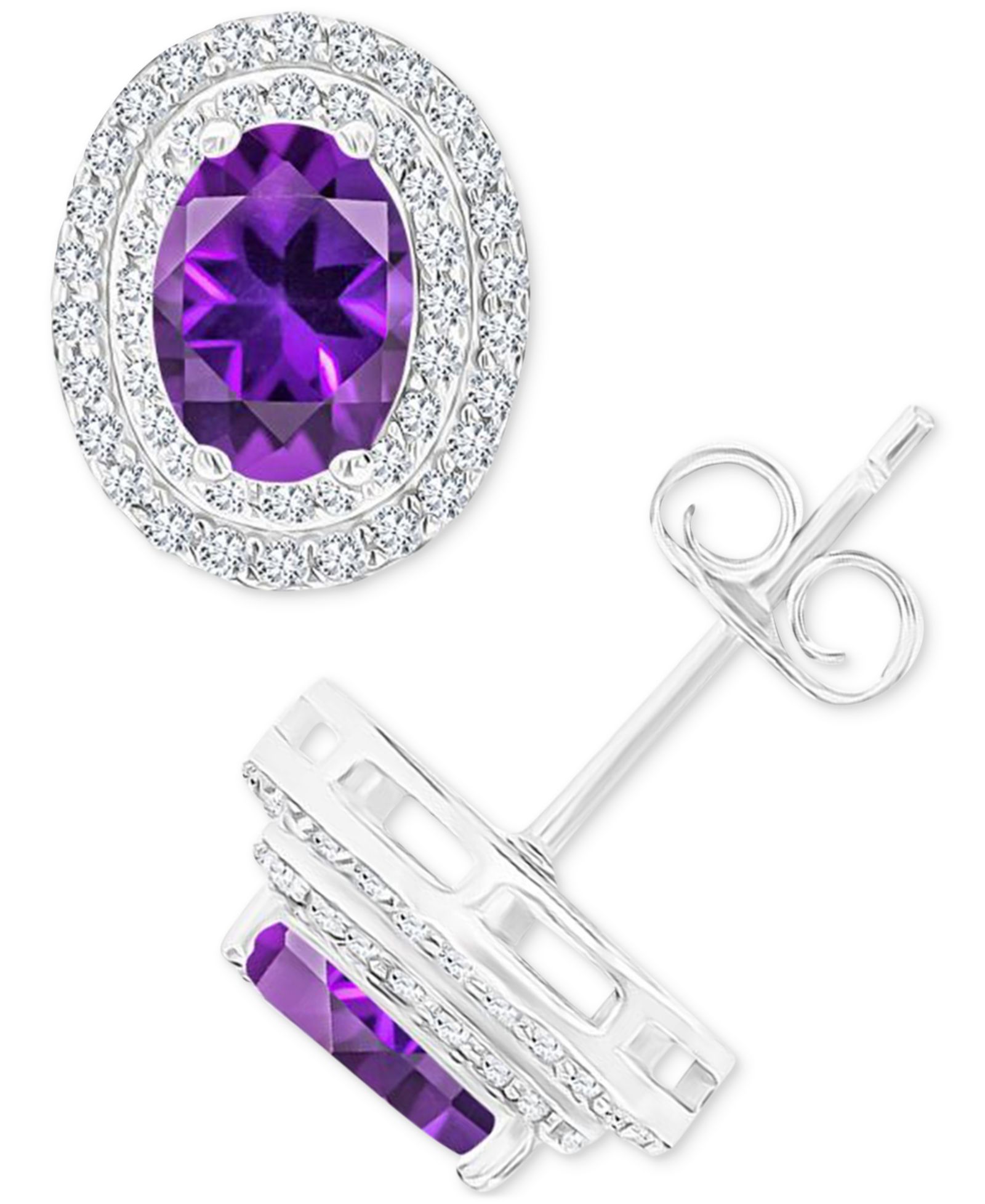 Amethyst & Lab Grown White Sapphire, Oval Halo Birthstone Stud Earrings in Sterling Silver