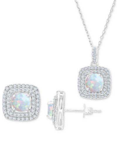 2-Pc. Set Lab-Grown Opal & Lab-Grown White Sapphire Square Halo Pendant Necklace & Matching Stud Earrings in Sterling Silver