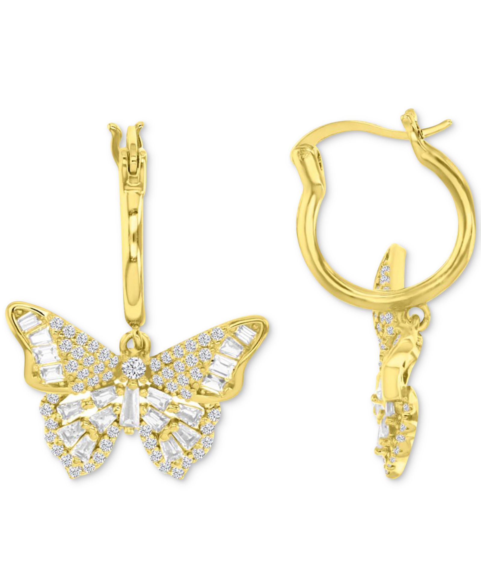 Серьги-кольца Cubic Zirconia Round & Baguette Butterfly Dangle Hoop 14k Gold-Plated Sterling Silver