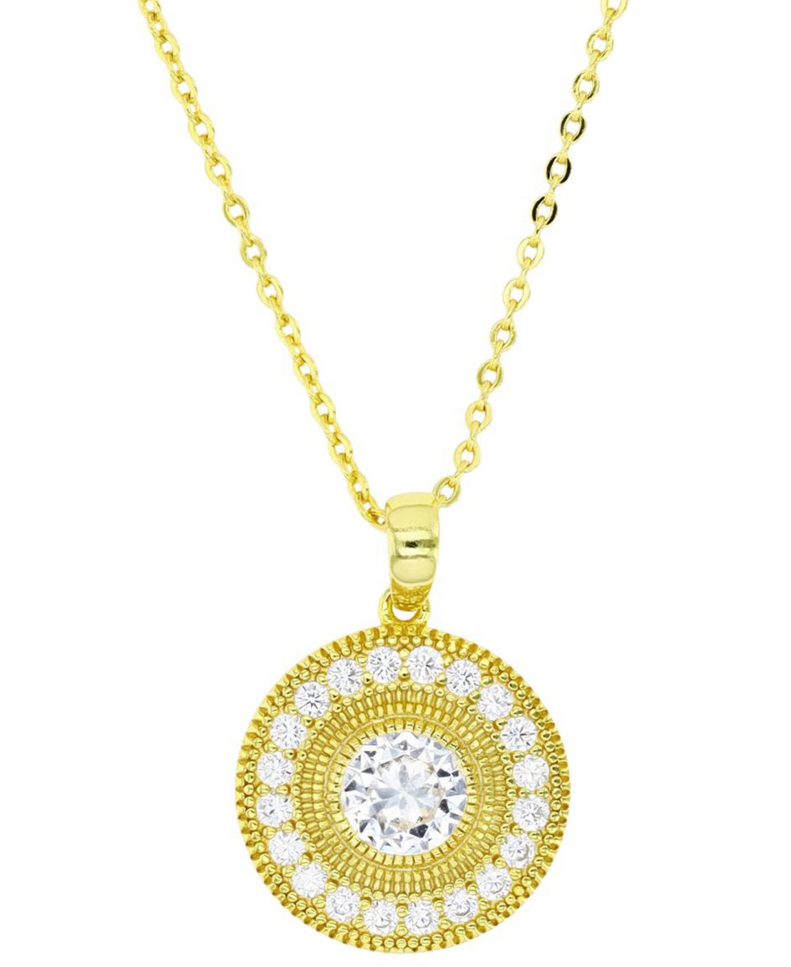 Cubic Zirconia Halo Halo Bead Disc Pendant Necklace in 14k Gold-Plated Sterling Silver, 18" + 2" extender