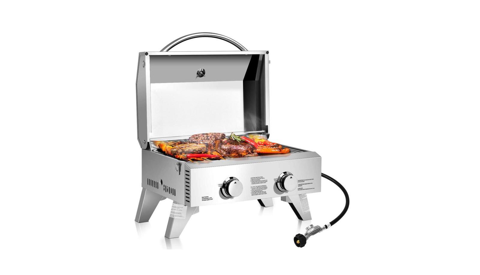 2-Burner Portable Stainless Steel BBQ Grill for Outdoor Tabletop Cooking