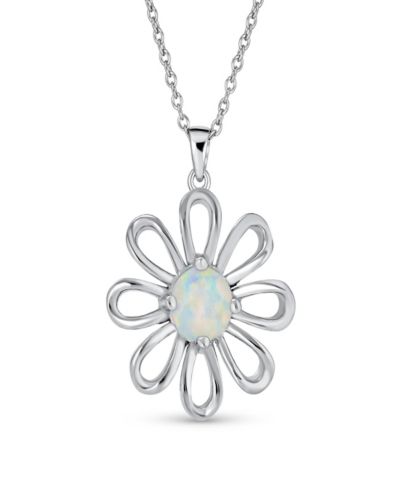 Bling Jewelry White Rainbow Opal Daisy Flower Pendant Necklace Sterling Silver October Stone