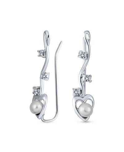 Bling Jewelry White Freshwater Pearl Cartilage Climber Heart Earrings CZ Sterling Silver