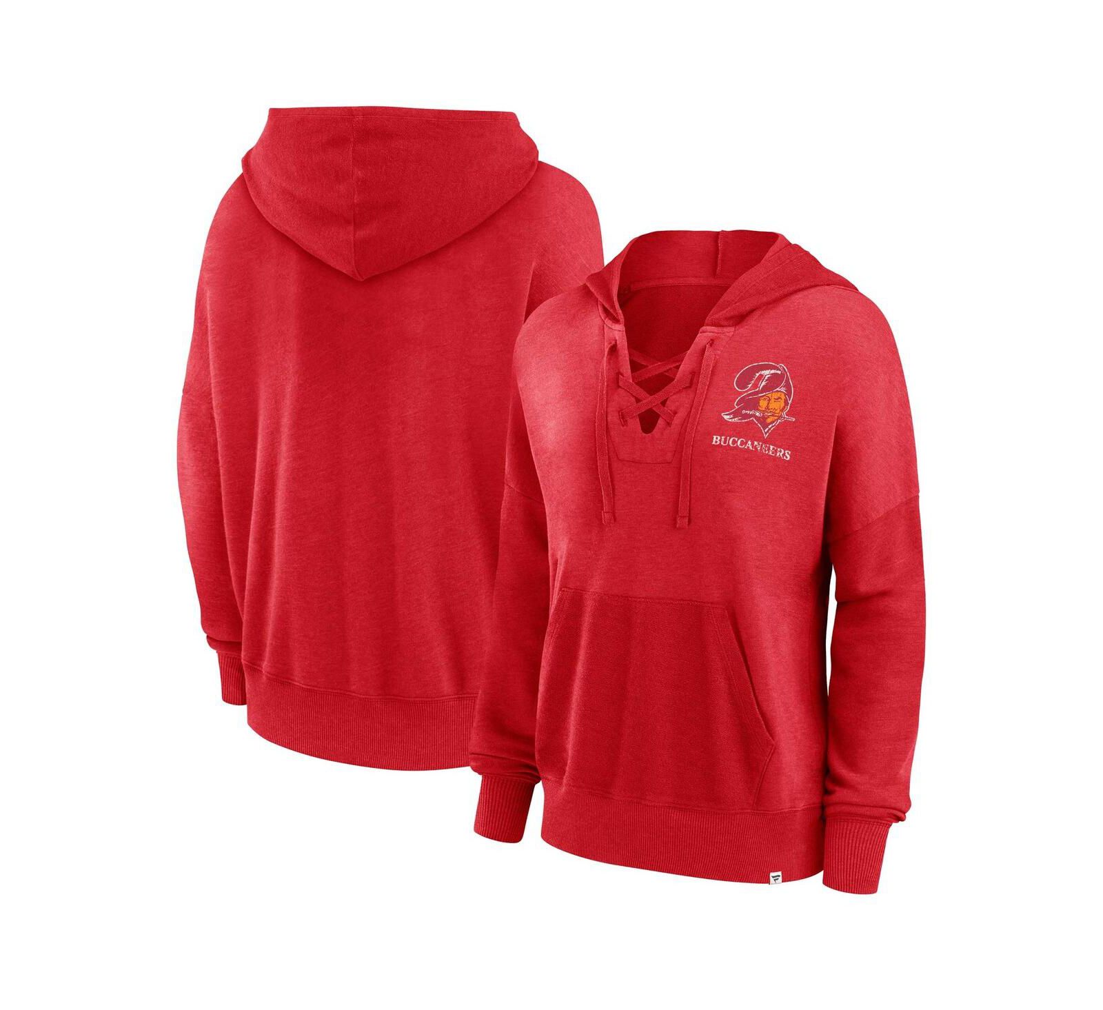 Women's Fanatics Red Distressed Tampa Bay Buccaneers Heritage Snow Wash French Terry Lace-Up Pullover Hoodie