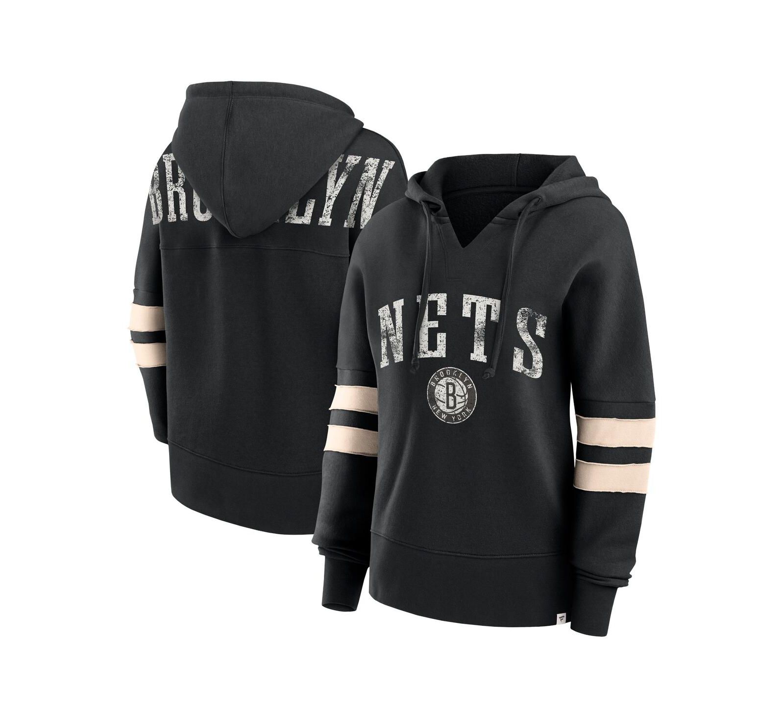 Women's Fanatics Black Distressed Brooklyn Nets Bold Move Dolman V-Neck Pullover Hoodie