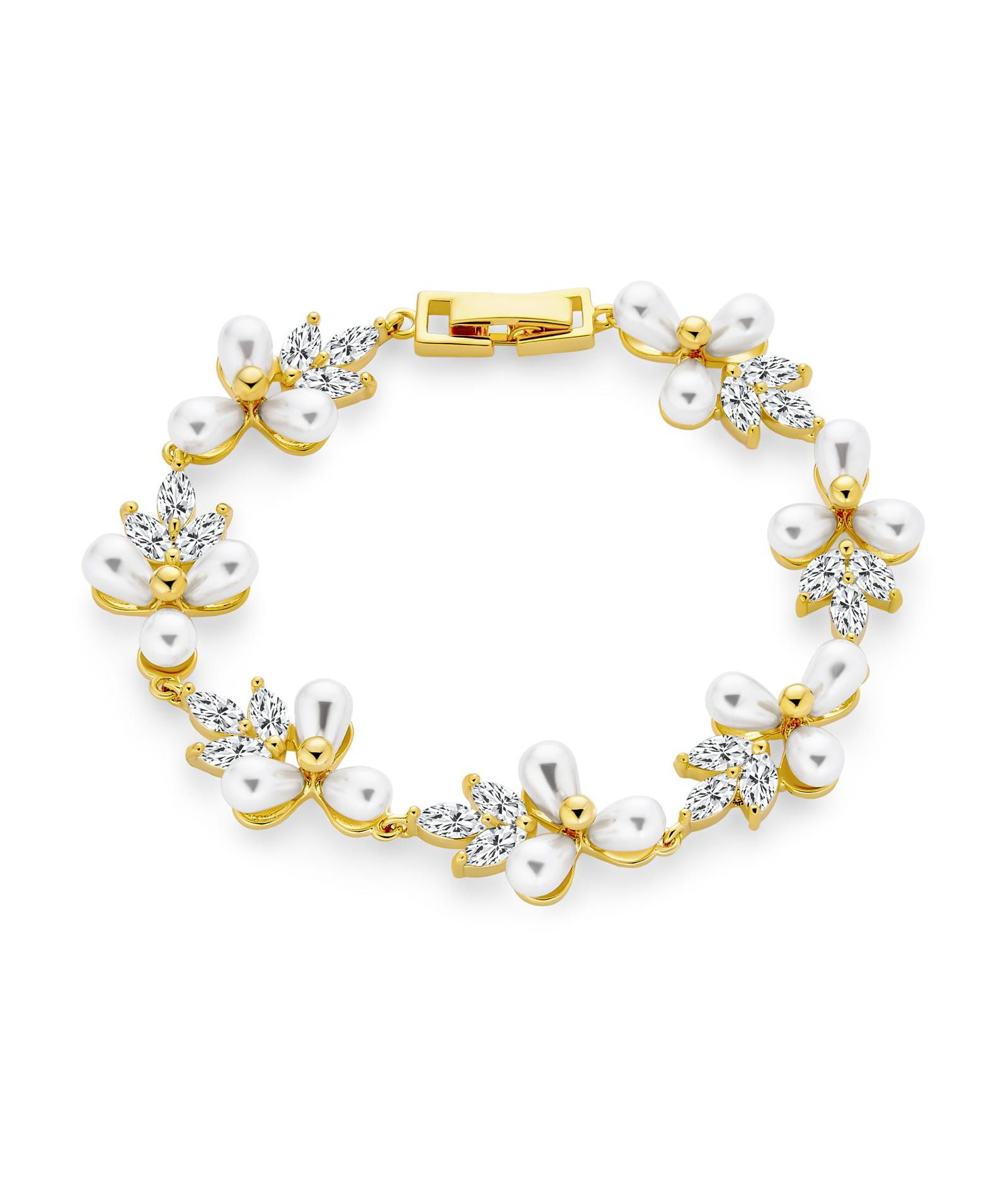 Bling Jewelry Multi Flower Leaf Motif White Cultured Freshwater Pearl Strand Bracelet 7"