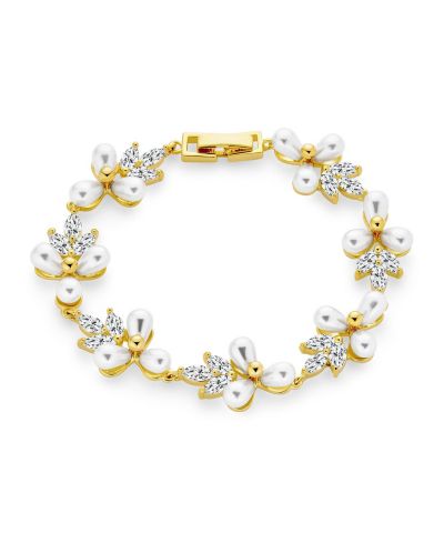 Bling Jewelry Multi Flower Leaf Motif White Cultured Freshwater Pearl Strand Bracelet 7"