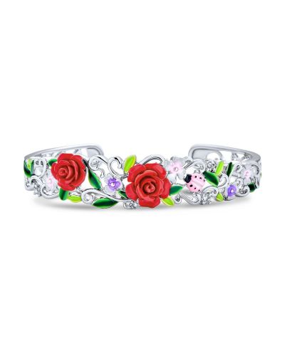 Bling Jewelry Ladybug Flower 3D Carved Rose Floral Filigree Cuff Bracelet Silver Plated