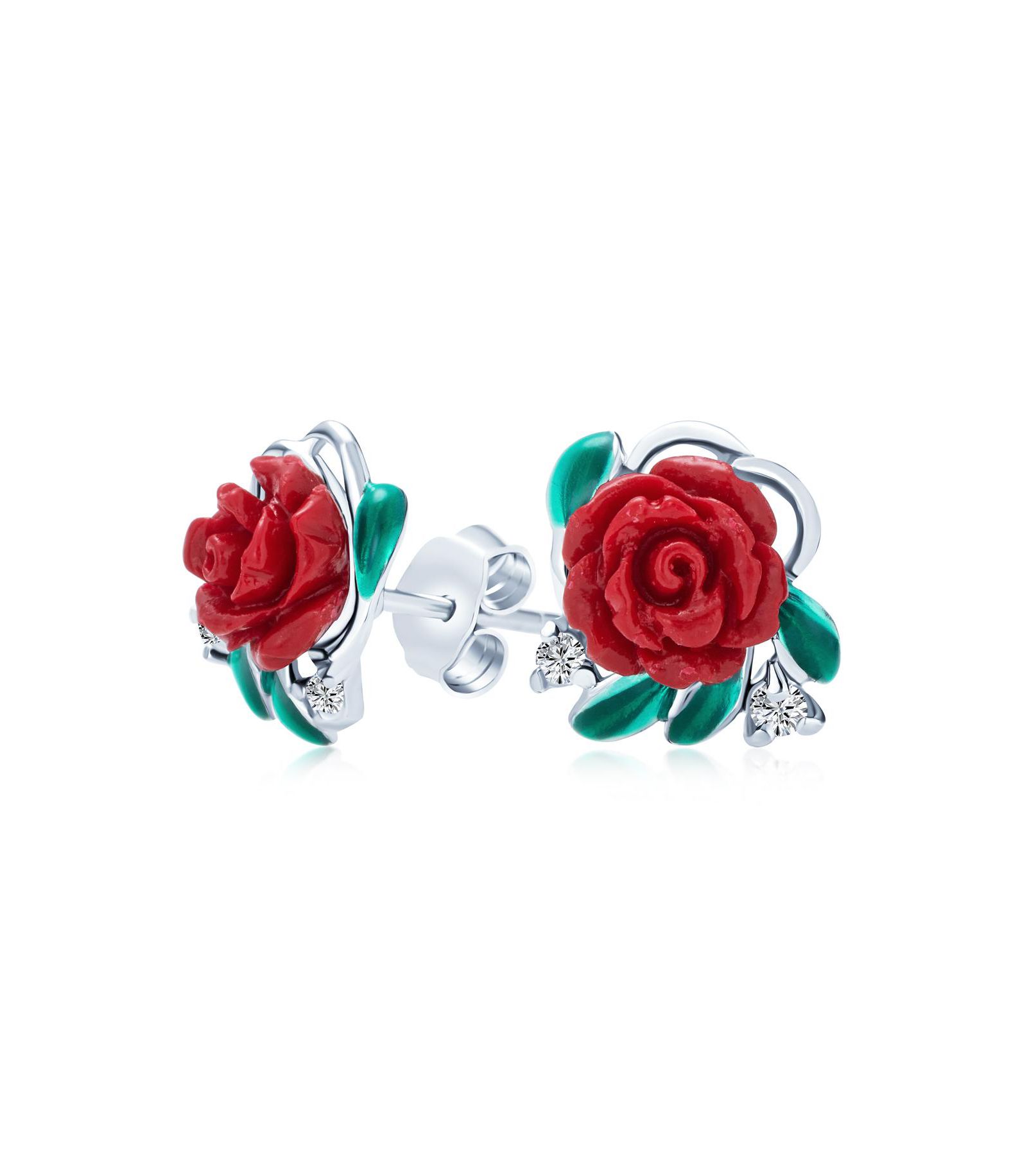 Bling Jewelry Romantic Floral 3D Red Rose Flower Stud Earrings .925 Sterling Silver