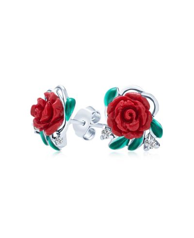 Серьги-подвески Bling Jewelry Romantic Craved Floral 3D Red Rose из Sterling Silver