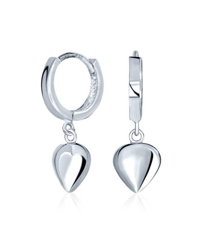 Bling Jewelry Romantic Puff Heart Charm Dangling Huggie Earrings .925 Sterling Silver