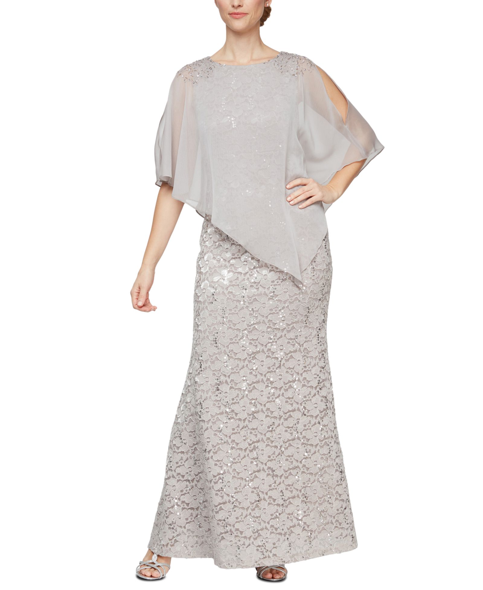 SL Fashions Petite Round-Neck Sequin Lace Cape Dress
