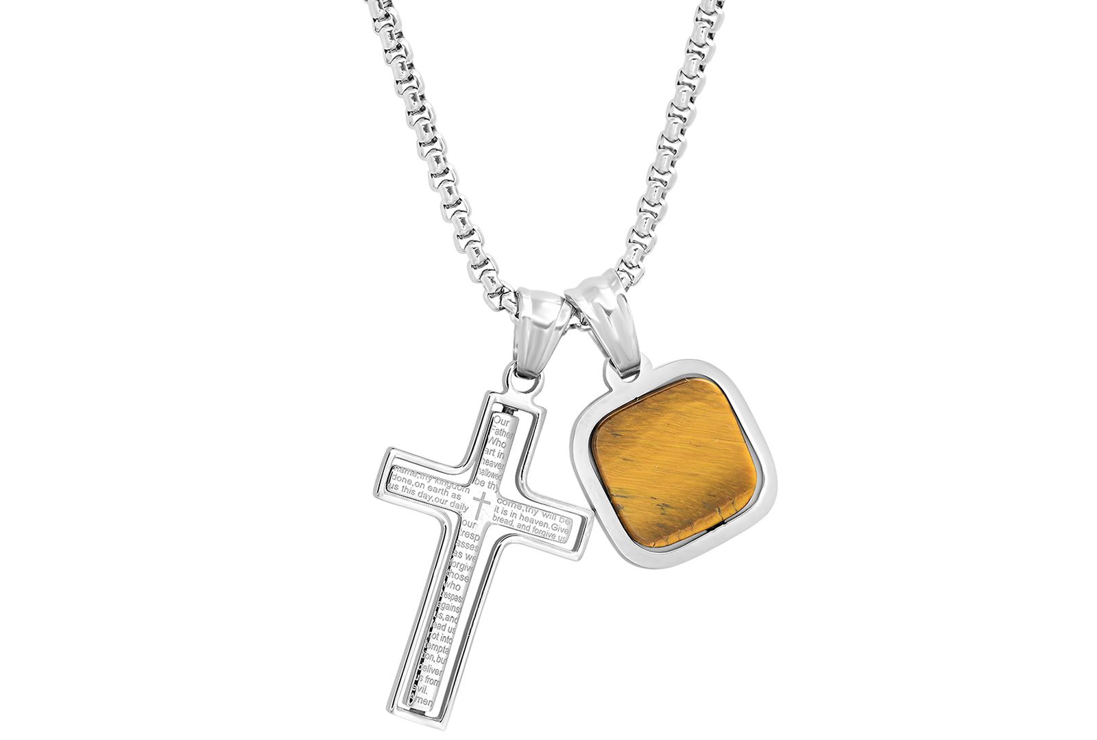Ожерелье-кулон STEELTIME Men's Silver-Tone Our Father English Prayer Spinning Cross & Square Pendant Necklace 24"