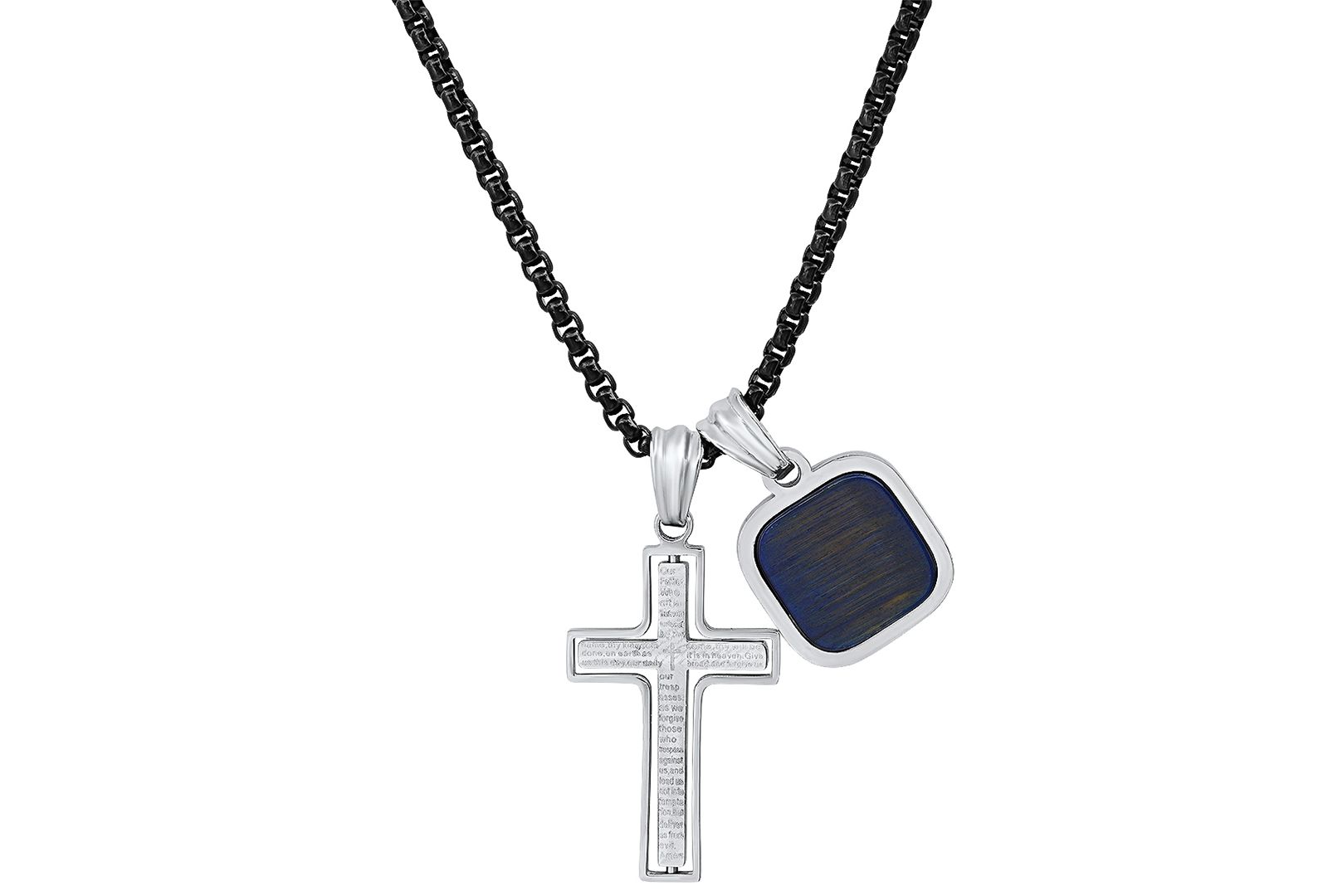 STEELTIME Men's Silver-Tone Lords Prayer Cross & Square Pendant Necklace, 24"