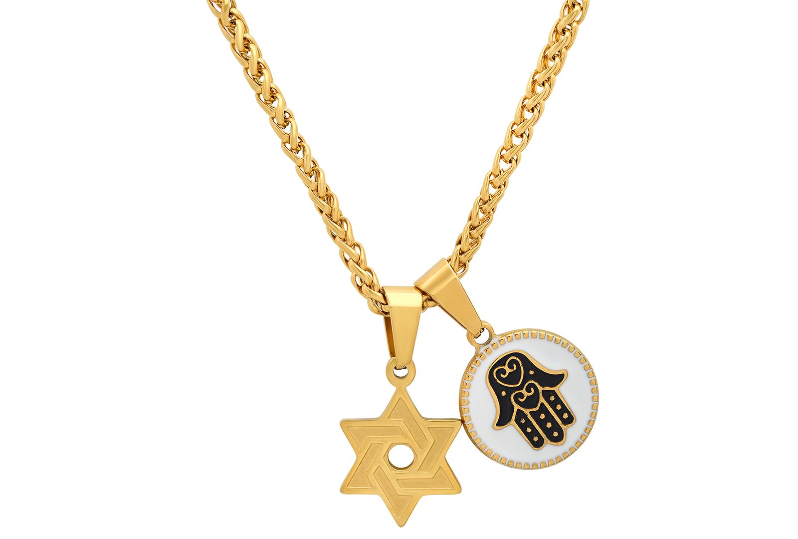STEELTIME Men's 18K Gold Plated Star of David & Hamsa Round Pendant Necklace, 24"