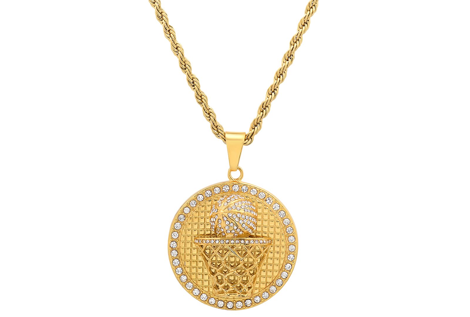 STEELTIME Men's 18k Gold-Plated Stainless Steel Simulated Diamond Basketball 24" Pendant Necklace