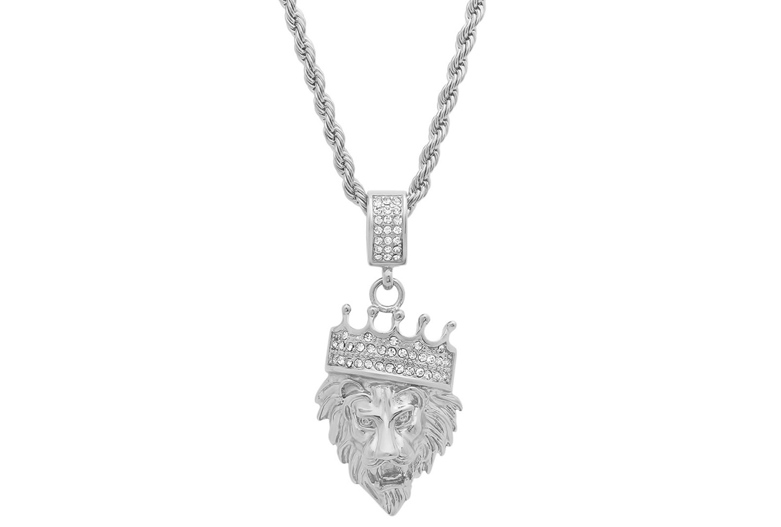 STEELTIME Men's Stainless Steel Simulated Diamond Crowned Lion's Head 30" Pendant Necklace